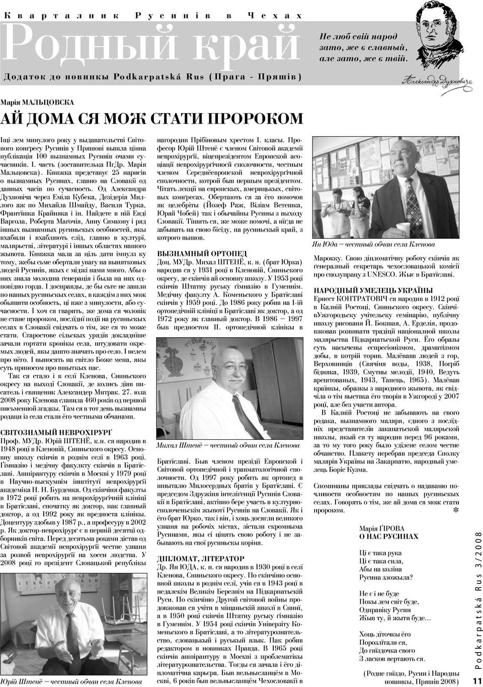 100 вызнамных Русинів очами сучасників. І. часть (зоставителька ПгДр. Марія Мальцовска). Книжка представує 25 нарисів о вызнамных Русинах, главно на Словакії од давных часів по сучасность.