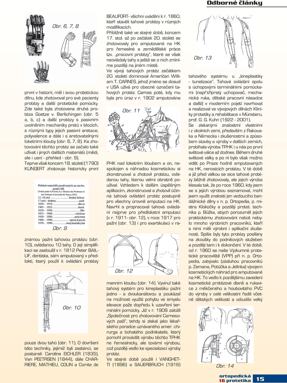 6, 7, 8). Ke zhotovování těchto protéz se začalo také užívat i jiných dalších materiálů (mědi, ale i usní - přehled - obr. 9). Teprve však koncem 18.