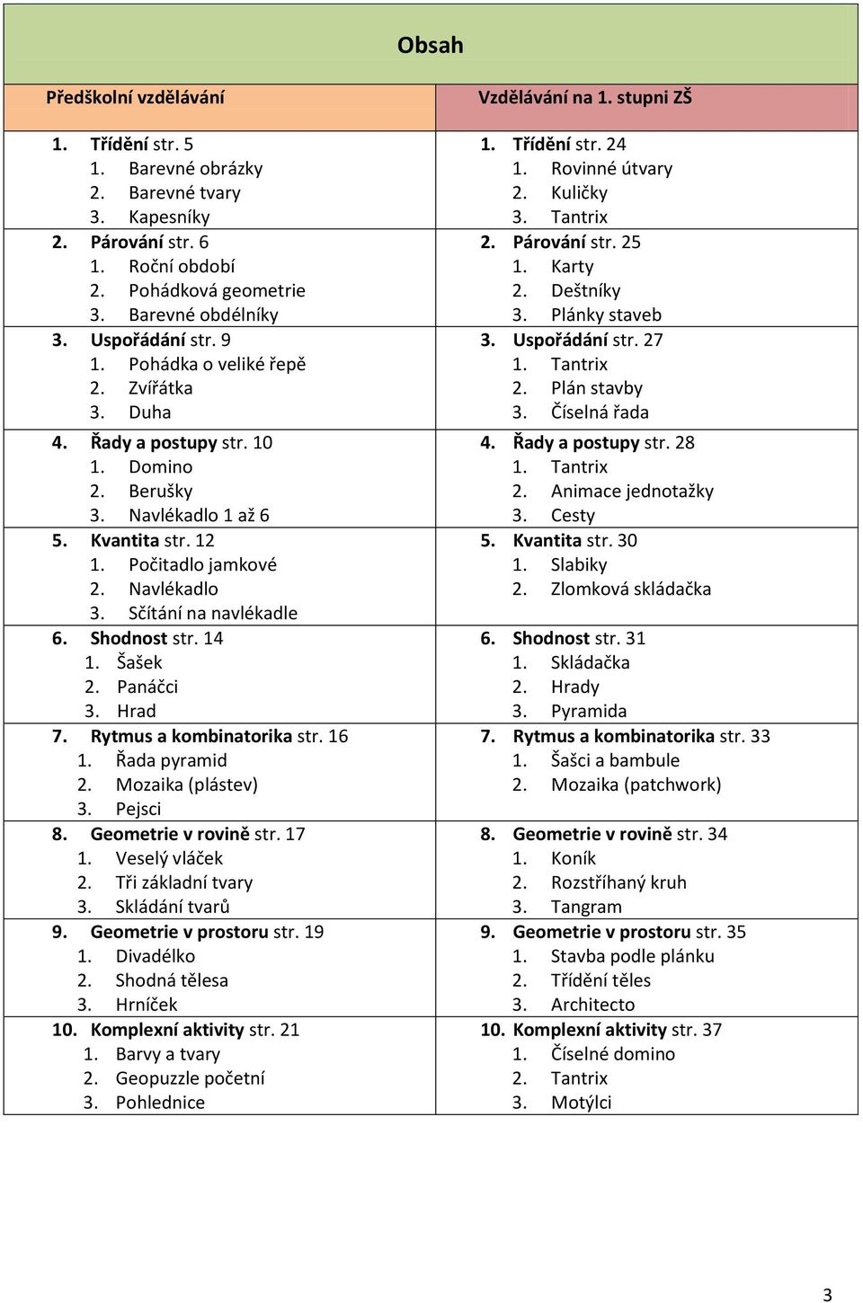 Shodnost str. 14 1. Šašek 2. Panáčci 3. Hrad 7. Rytmus a kombinatorika str. 16 1. Řada pyramid 2. Mozaika (plástev) 3. Pejsci 8. Geometrie v rovině str. 17 1. Veselý vláček 2. Tři základní tvary 3.