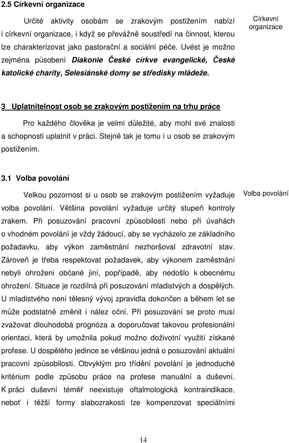 Církevní organizace 3 Uplatnitelnost osob se zrakovým postižením na trhu práce Pro každého člověka je velmi důležité, aby mohl své znalosti a schopnosti uplatnit v práci.