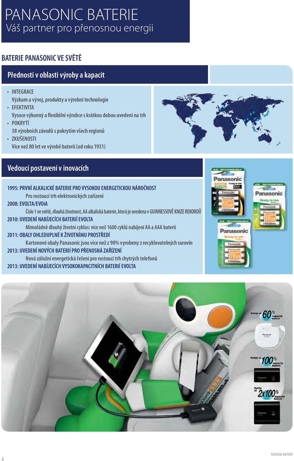 1995: PRVNÍ ALKALICKÉ BATERIE PRO VYSOKOU ENERGETICKOU NÁROČNOST Pro rostoucí trh elektronických zařízení 2008: EVOLTA/EVOiA Číslo 1 ve světě, dlouhá životnost, AA alkalická baterie, která je uvedena