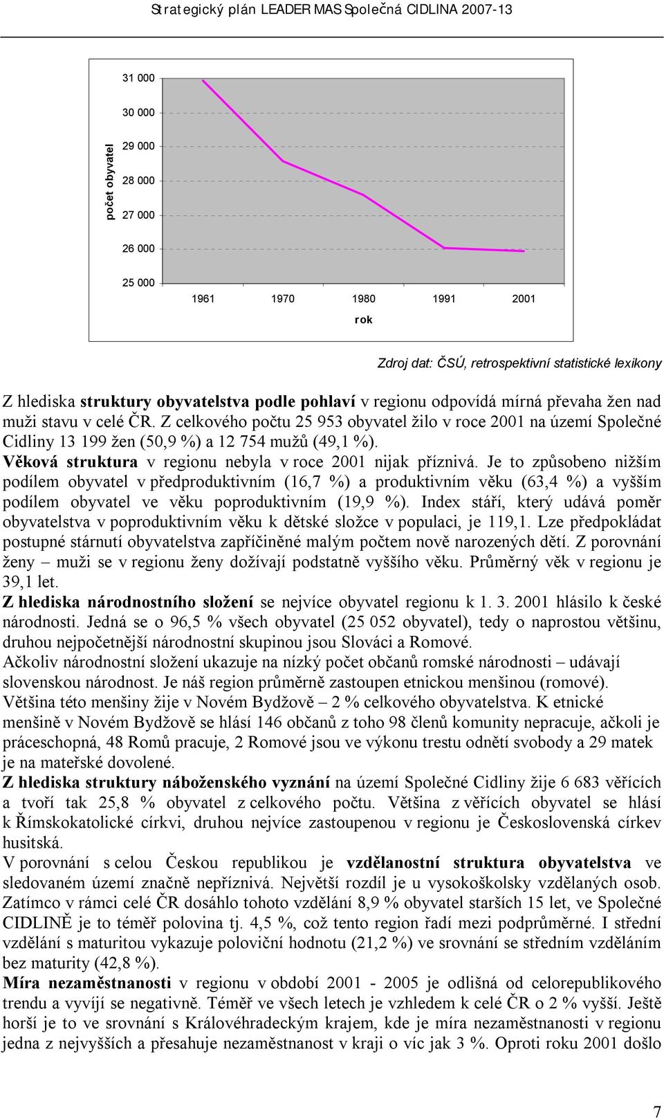 Z celkového počtu 25 953 obyvatel žilo v roce 2001 na území Společné Cidliny 13 199 žen (50,9 %) a 12 754 mužů (49,1 %). Věková struktura v regionu nebyla v roce 2001 nijak příznivá.