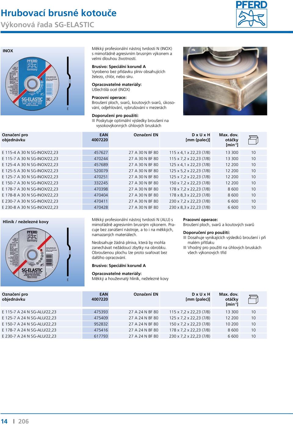 Ušlechtilá ocel (INOX) Broušení ploch, svarů, koutových svarů, úkosování, odjehlování, vybrušování v mezerách Poskytuje optimální výsledky broušení na vysokovýkonných úhlových bruskách D x U x H E