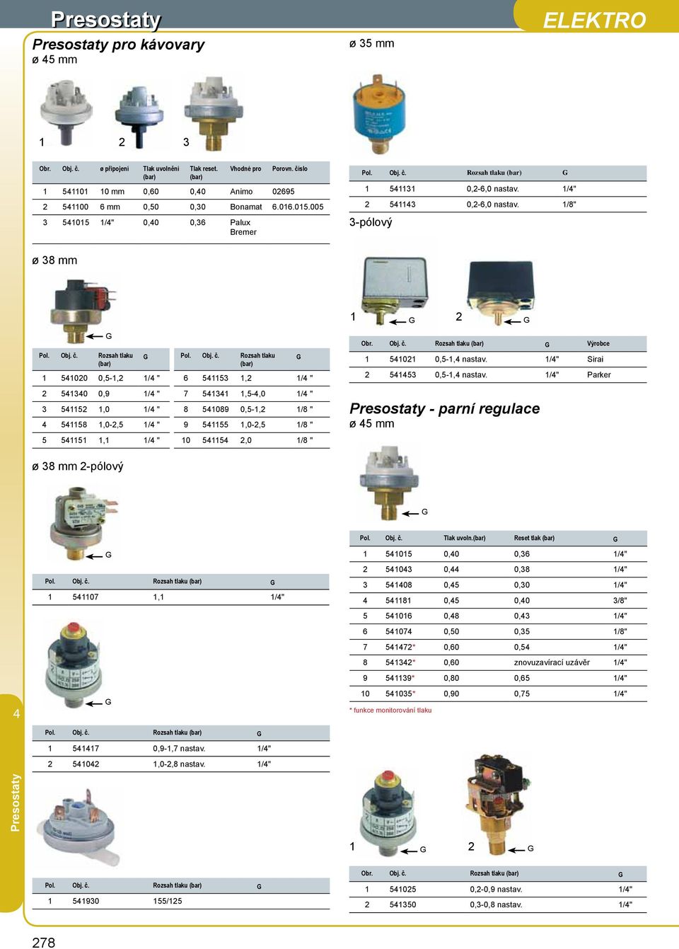 Rozsah tlaku 1 51131 0,2-6,0 nastav. 1/" 2 5113 0,2-6,0 nastav. 1/8" 3-pólový ø 38 mm Pol. Obj. č.