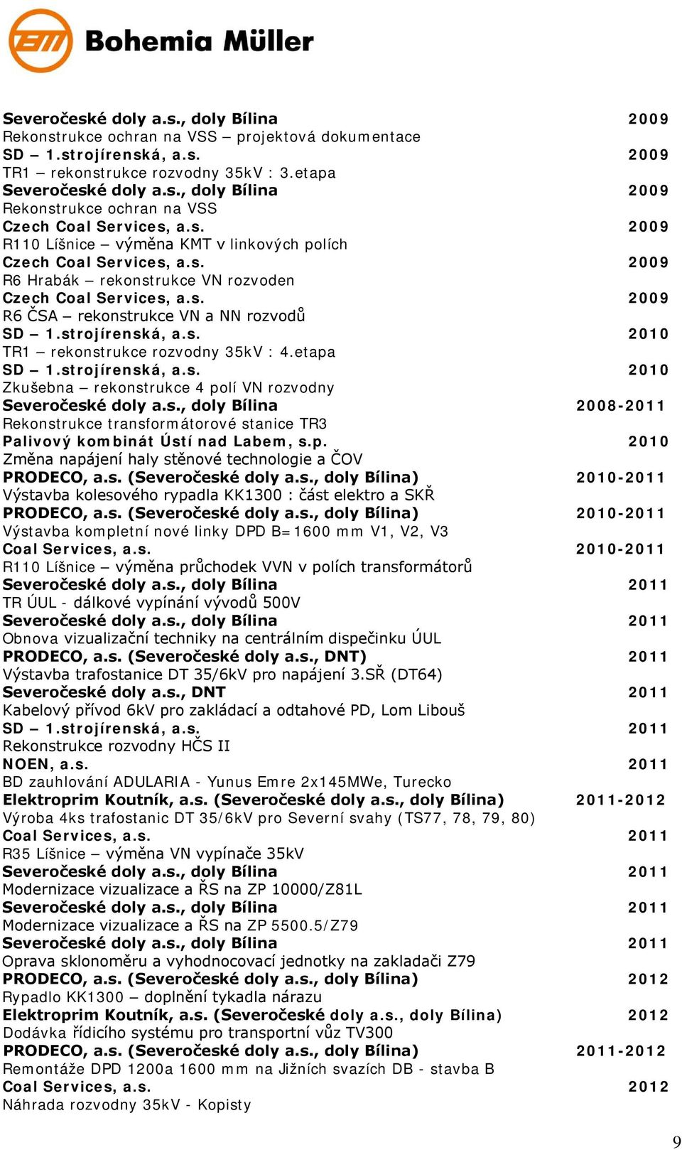 strojírenská, a.s. 2010 TR1 rekonstrukce rozvodny 35kV : 4.etapa SD 1.strojírenská, a.s. 2010 Zkušebna rekonstrukce 4 polí VN rozvodny Severočeské doly a.s., doly Bílina 2008-2011 Rekonstrukce transformátorové stanice TR3 Palivový kombinát Ústí nad Labem, s.