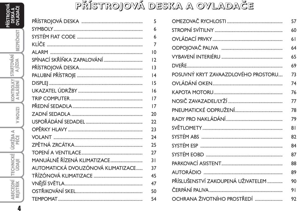 .. 27 MANUÁLNĚ ŘÍZENÁ KLIMATIZACE... 31 AUTOMATICKÁ DVOUZÓNOVÁ KLIMATIZACE... 37 TŘÍZÓNOVÁ KLIMATIZACE... 45 VNĚJŠÍ SVĚTLA... 47 OSTŘIKOVÁNÍ SKEL... 50 TEMPOMAT... 54 OMEZOVAČ RYCHLOSTI.