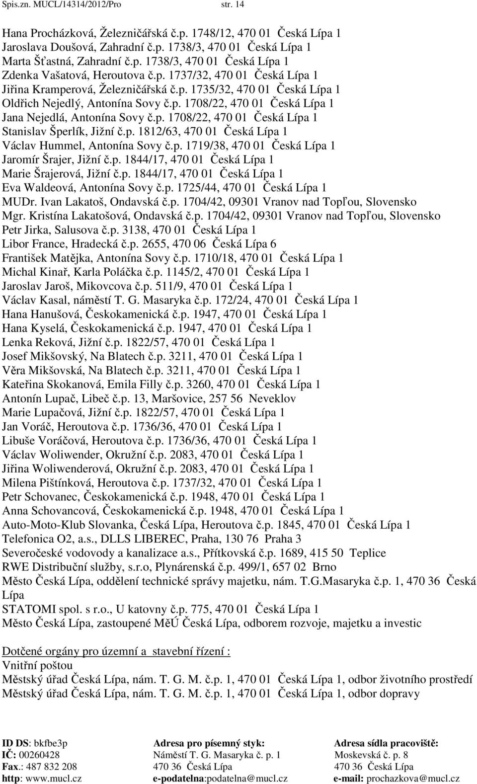 p. 1812/63, 470 01 Česká Lípa 1 Václav Hummel, Antonína Sovy č.p. 1719/38, 470 01 Česká Lípa 1 Jaromír Šrajer, Jižní č.p. 1844/17, 470 01 Česká Lípa 1 Marie Šrajerová, Jižní č.p. 1844/17, 470 01 Česká Lípa 1 Eva Waldeová, Antonína Sovy č.