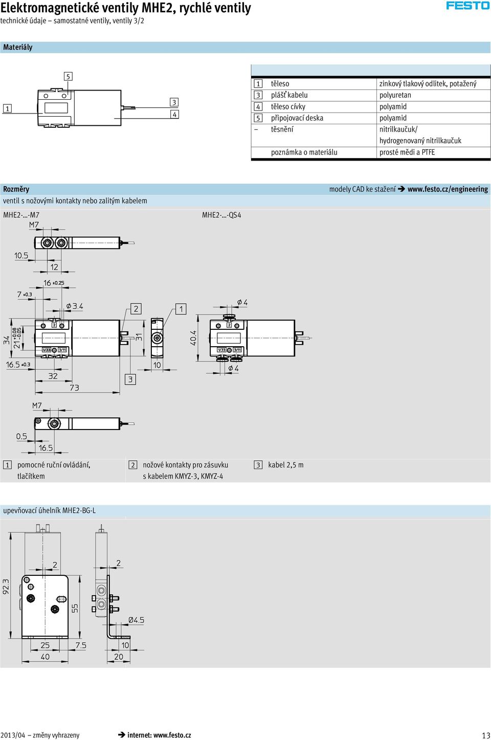 mědi a PTFE Rozměry ventil s no ovými kontakty nebo zalitým kabelem modely CAD ke stažení www.festo.