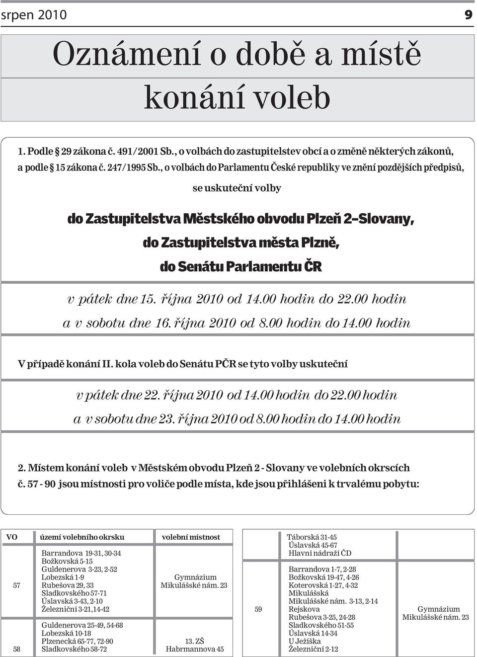 pátek dne 15. října 2010 od 14.00 hodin do 22.00 hodin a v sobotu dne 16. října 2010 od 8.00 hodin do 14.00 hodin V případě konání II. kola voleb do Senátu PČR se tyto volby uskuteční v pátek dne 22.