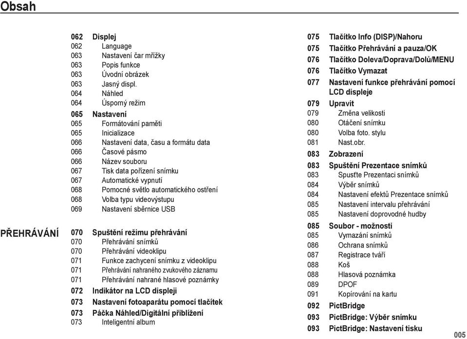 Automatické vypnutí 068 Pomocné světlo automatického ostření 068 Volba typu videovýstupu 069 Nastavení sběrnice USB 070 Spušt ní režimu p ehrávání 070 Přehrávání snímků 070 Přehrávání videoklipu 071