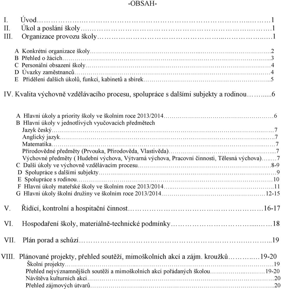 ..6 A Hlavní úkoly a priority školy ve školním roce 2013/2014 6 B Hlavní úkoly v jednotlivých vyučovacích předmětech Jazyk český. 7 Anglický jazyk....7 Matematika.