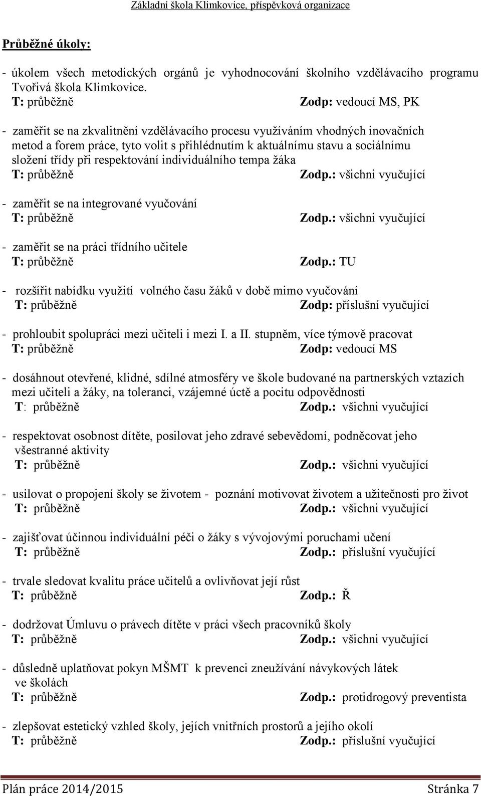 třídy při respektování individuálního tempa žáka T: průběžně Zodp.: všichni vyučující - zaměřit se na integrované vyučování T: průběžně Zodp.