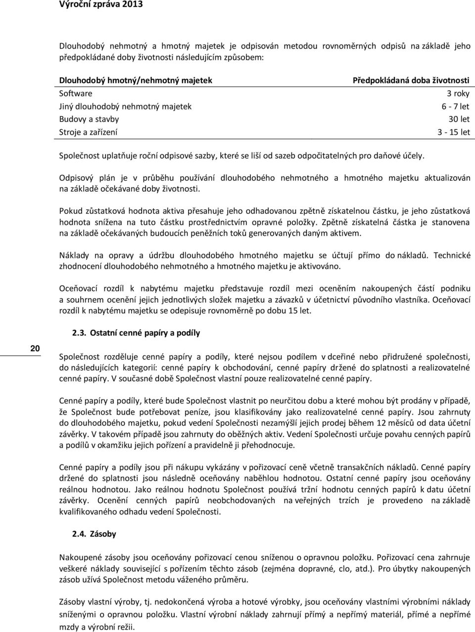 liší od sazeb odpočitatelných pro daňové účely. Odpisový plán je v průběhu používání dlouhodobého nehmotného a hmotného majetku aktualizován na základě očekávané doby životnosti.