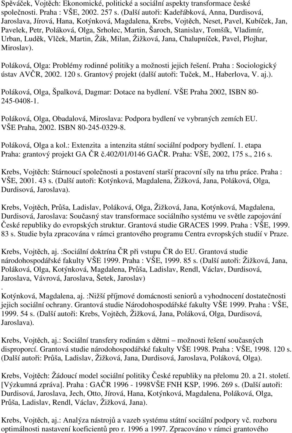 Stanislav, Tomšík, Vladimír, Urban, Luděk, Vlček, Martin, Žák, Milan, Žižková, Jana, Chalupníček, Pavel, Plojhar, Miroslav). Poláková, Olga: Problémy rodinné politiky a možnosti jejich řešení.