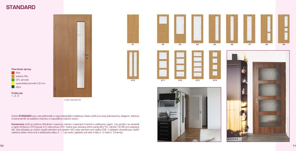 Konstrukce dveří je tvořena dřevěným masivním rámem z lepených hranolů s voštinovou výplní. Lze vyrobit i ve variantě s výplní lehčenou DTD (pouze A1) nebo plnou DTD.
