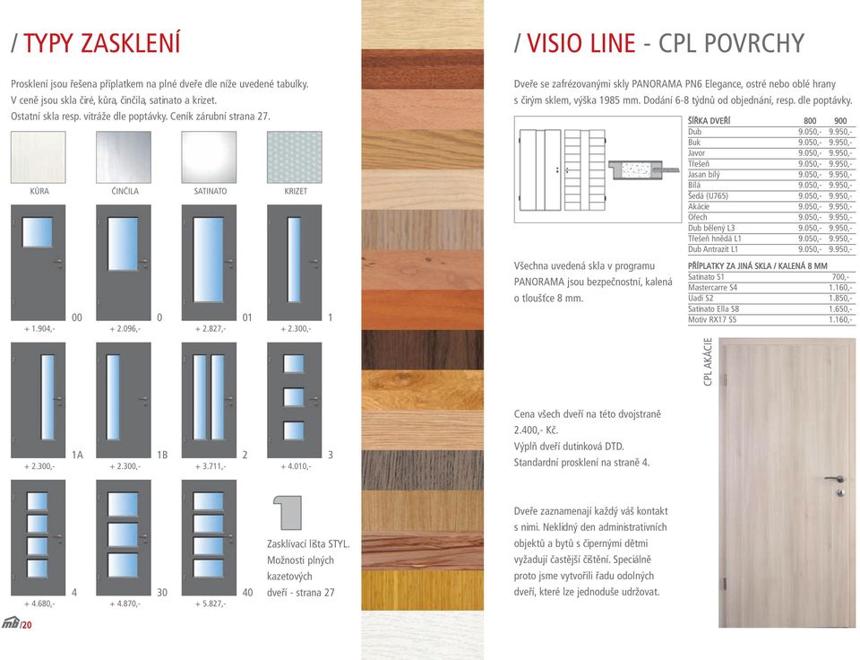 300,- / VISIO LINE - CPL POVRCHY Dveře se zafrézovanými skly PANORAMA PN6 Elegance, ostré nebo oblé hrany s čirým sklem, výška 1985 mm. Dodání 6-8 týdnů od objednání, resp. dle poptávky.