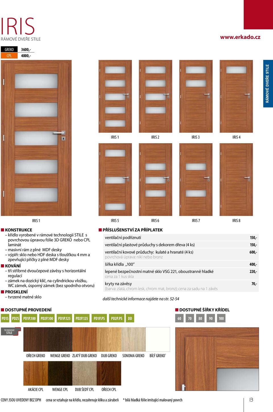 horizontální regulací zámek na dozický klíč, na cylindrickou vložku, WC zámek, úsporný zámek (bez spodního otvoru) PROSKLENÍ tvrzené matné sklo PŘÍSLUŠENSTVÍ ZA PŘÍPLATEK ventilační kovové průduchy: