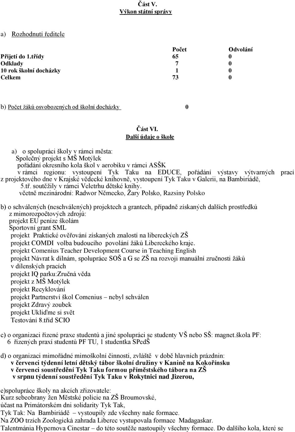 výstavy výtvarných prací z projektového dne v Krajské vědecké knihovně, vystoupení Tyk Taku v Galerii, na Bambiriádě, 5.tř. soutěžily v rámci Veletrhu dětské knihy.