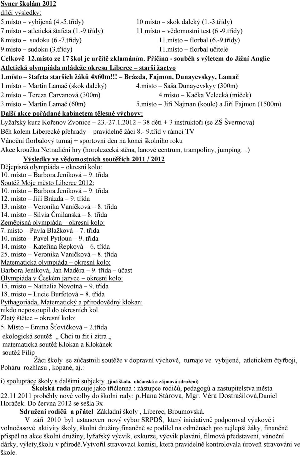 Příčina - souběh s výletem do Jižní Anglie Atletická olympiáda mládeže okresu Liberec starší žactvo 1.místo štafeta starších žáků 4x60m!!! Brázda, Fajmon, Dunayevskyy, Lamač 1.