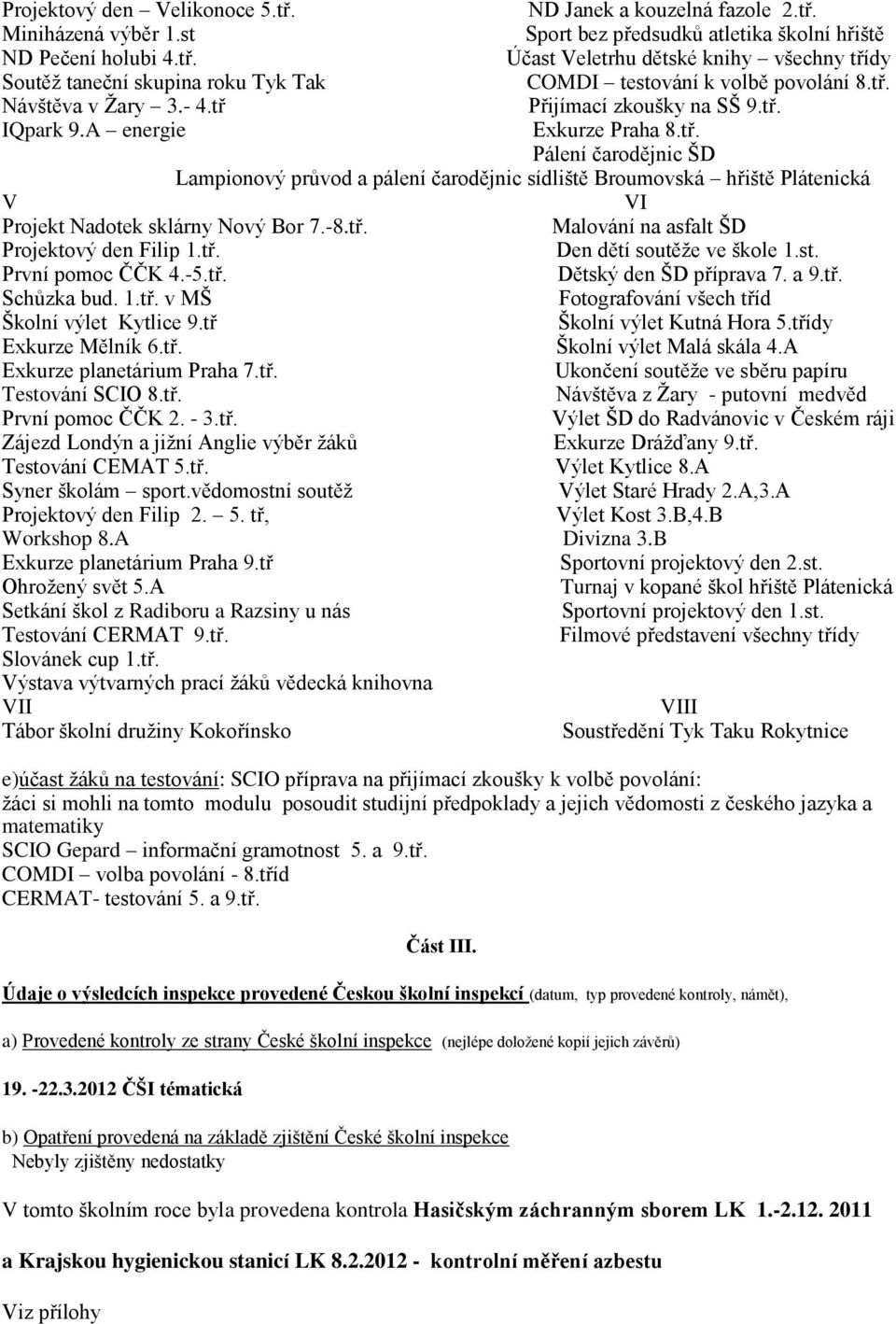 -8.tř. Malování na asfalt ŠD Projektový den Filip 1.tř. Den dětí soutěže ve škole 1.st. První pomoc ČČK 4.-5.tř. Dětský den ŠD příprava 7. a 9.tř. Schůzka bud. 1.tř. v MŠ Fotografování všech tříd Školní výlet Kytlice 9.