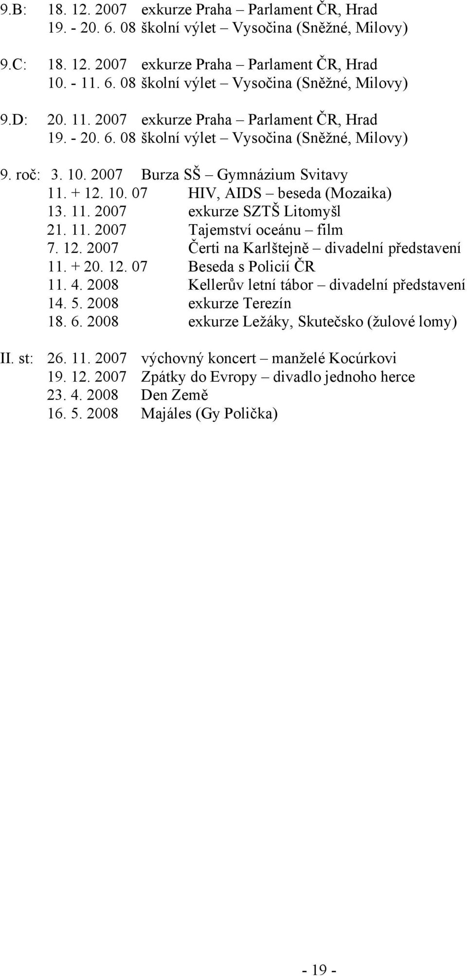 11. 2007 Tajemství oceánu film 7. 12. 2007 Čerti na Karlštejně divadelní představení 11. + 20. 12. 07 Beseda s Policií ČR 11. 4. 2008 Kellerův letní tábor divadelní představení 14. 5.