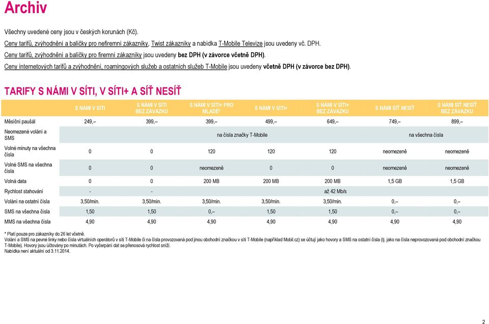 Ceny internetových tarifů a zvýhodnění, roamingových služeb a ostatních služeb T-Mobile jsou uvedeny včetně DPH (v závorce bez DPH).