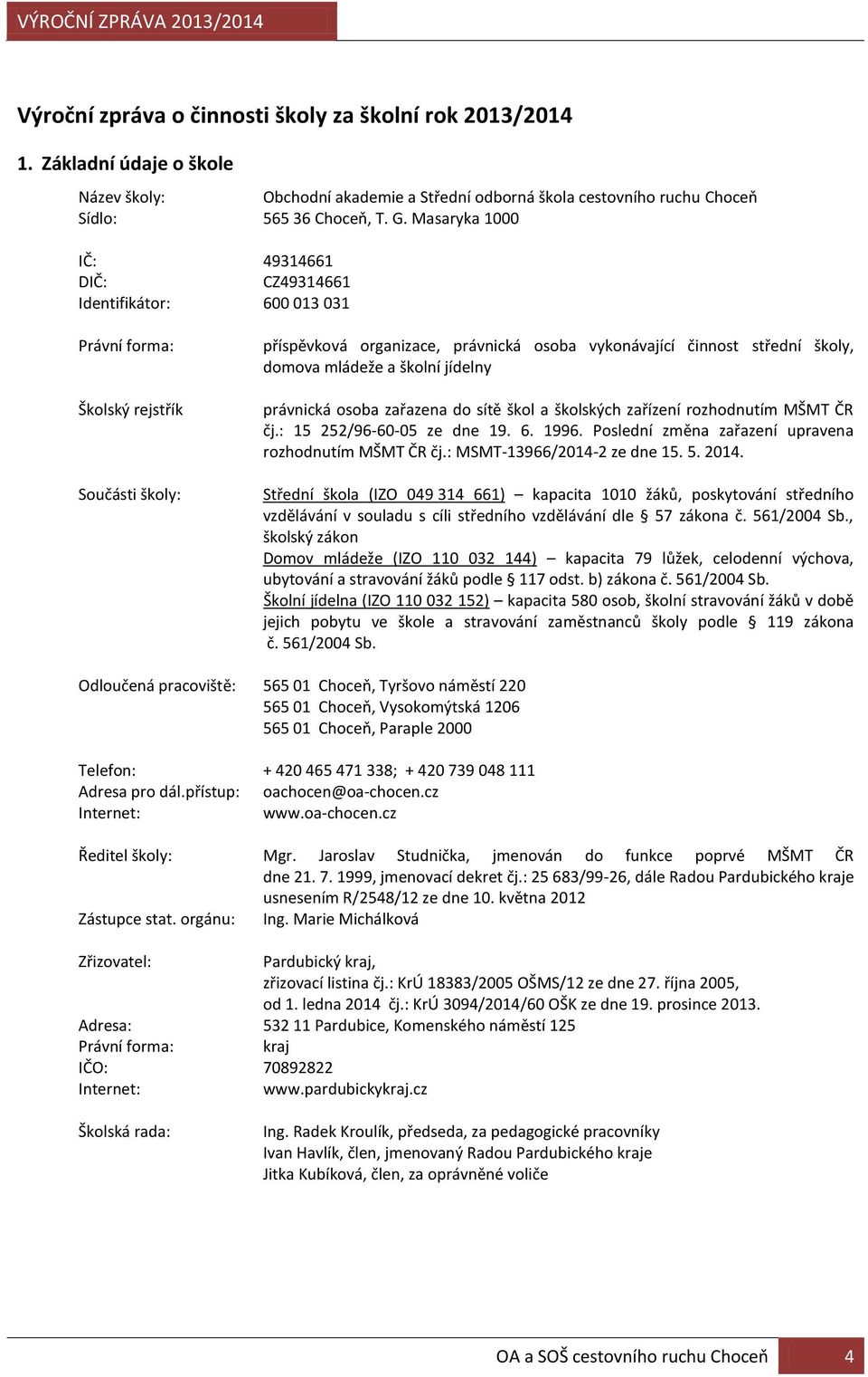 mládeže a školní jídelny právnická osoba zařazena do sítě škol a školských zařízení rozhodnutím MŠMT ČR čj.: 15 252/96-60-05 ze dne 19. 6. 1996.