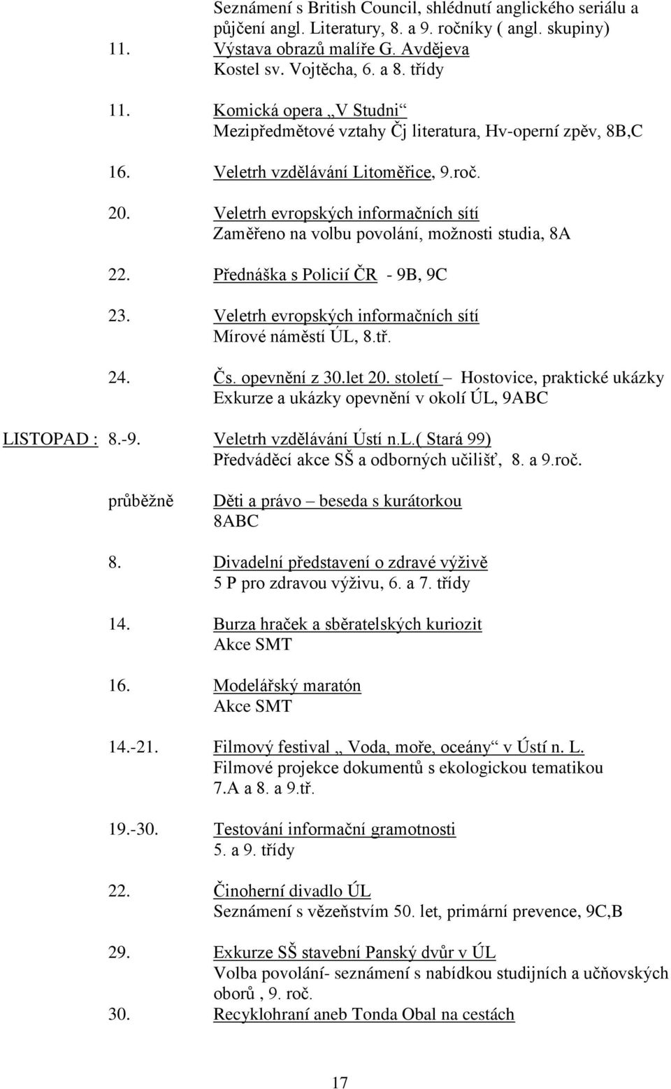 Veletrh evropských informačních sítí Zaměřeno na volbu povolání, možnosti studia, 8A 22. Přednáška s Policií ČR - 9B, 9C 23. Veletrh evropských informačních sítí Mírové náměstí ÚL, 8.tř. 24. Čs.