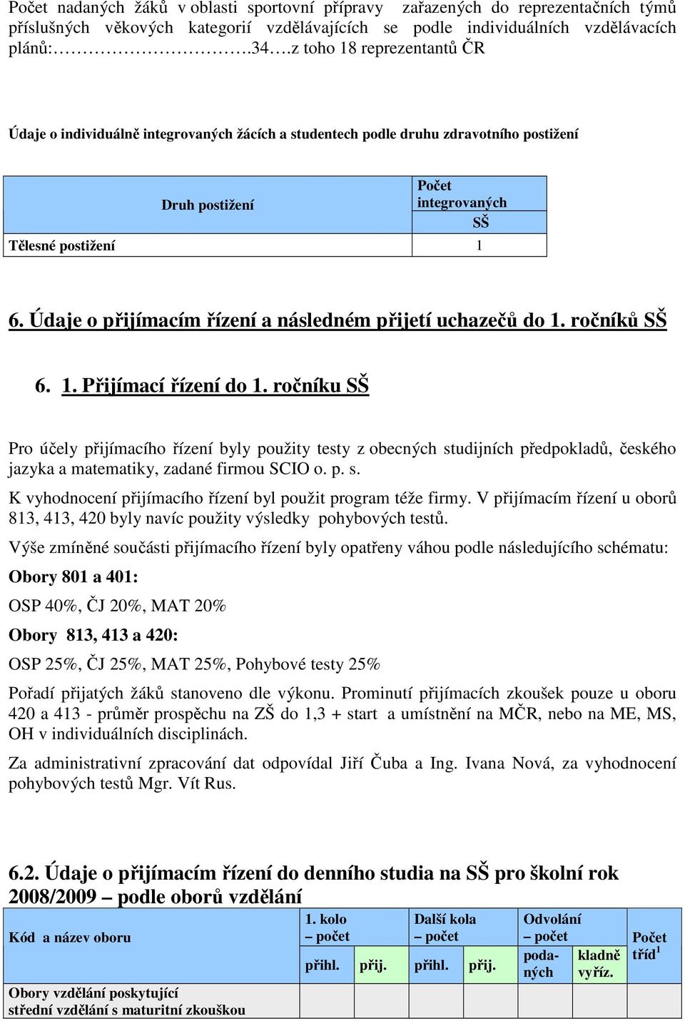 Údaje o přijímacím řízení a následném přijetí uchazečů do 1. ročníků SŠ 6. 1. Přijímací řízení do 1.