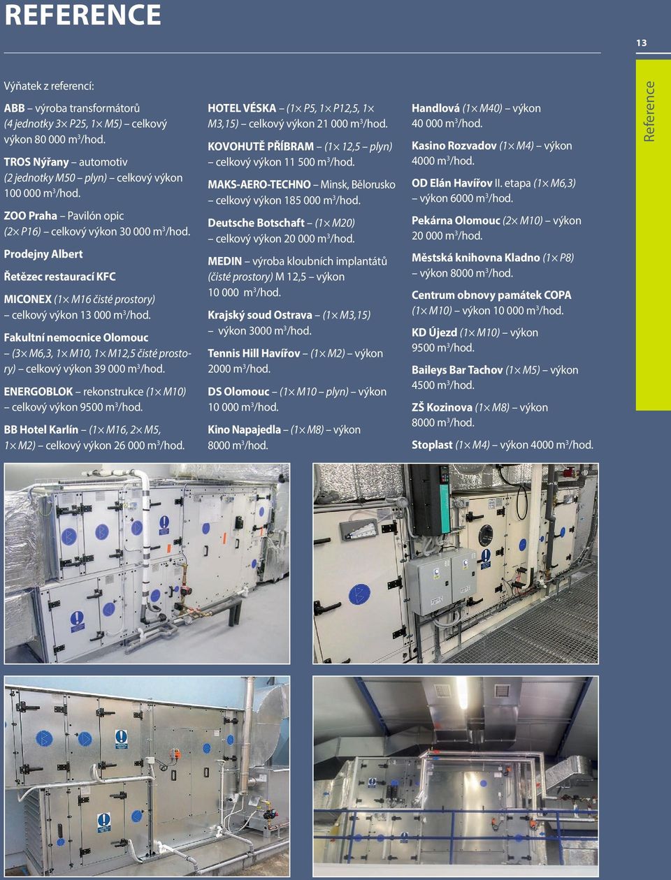 Fakultní nemocnice Olomouc (3 M6,3, 1 M10, 1 M12,5 čisté prostory) celkový výkon 39 000 m 3 /hod. ENERGOBLOK rekonstrukce (1 M10) celkový výkon 9500 m 3 /hod.