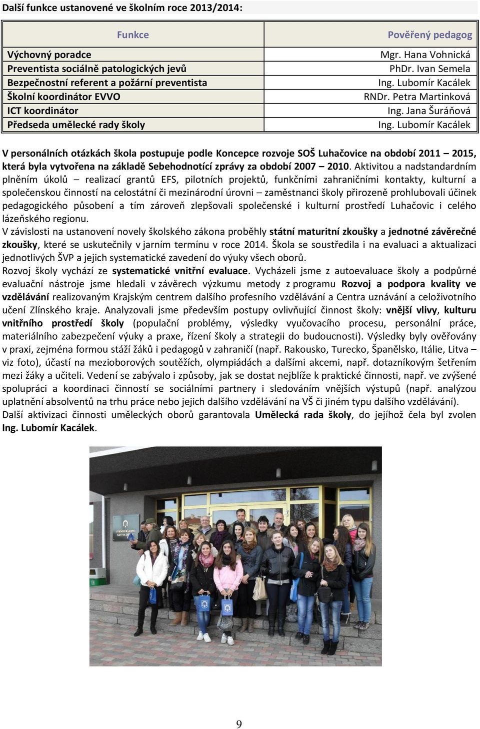 Lubomír Kacálek V personálních otázkách škola postupuje podle Koncepce rozvoje SOŠ Luhačovice na období 2011 2015, která byla vytvořena na základě Sebehodnotící zprávy za období 2007 2010.