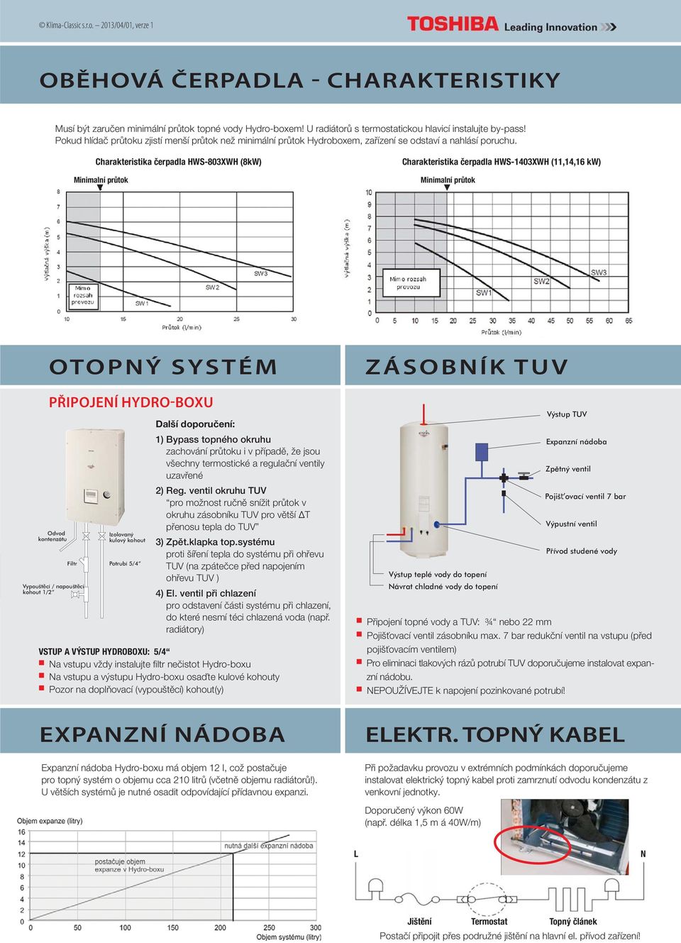 Charakteristika čerpadla HWS-803XWH (8kW) Minimalní průtok Charakteristika čerpadla HWS-1403XWH (11,14,16 kw) Minimalní průtok OTOPNÝ SYSTÉM PŘIPOJENÍ HYDRO-BOXU Odvod kontenzátu Filtr Vypouštěcí /