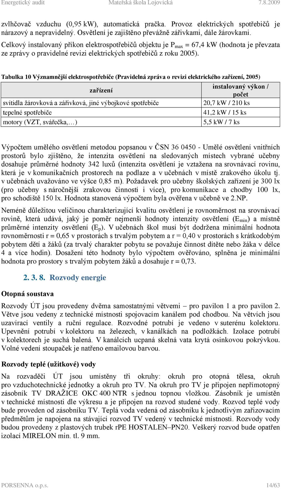 Tabulka 10 Významnější elektrospotřebiče (Pravidelná zpráva o revizi elektrického zařízení, 2005) zařízení instalovaný výkon / počet svítidla ţárovková a zářivková, jiné výbojkové spotřebiče 20,7 kw