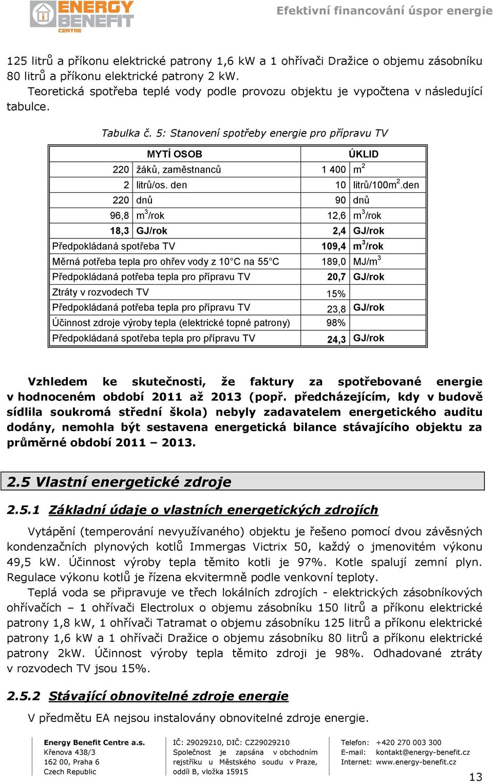 5: Stanovení spotřeby energie pro přípravu TV MYTÍ OSOB ÚKLID 220 žáků, zaměstnanců 1 400 m 2 2 litrů/os. den 10 litrů/100m 2.