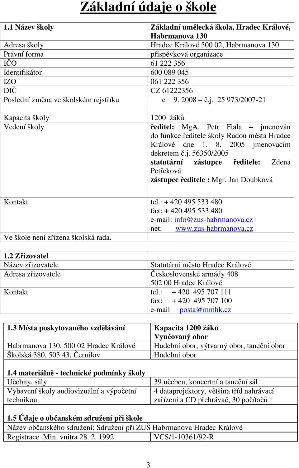 IZO 061 222 356 DIČ CZ 61222356 Poslední změna ve školském rejstříku e 9. 2008 č.j. 25 973/2007-21 Kapacita školy Vedení školy 1200 žáků ředitel: MgA.