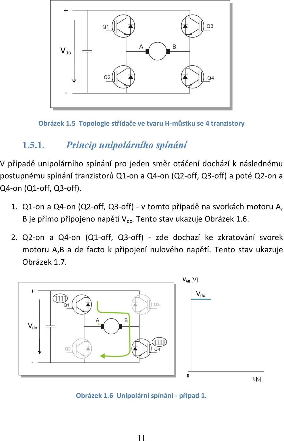 5.1. Princip unipolárního spínání V případě unipolárního spínání pro jeden směr otáčení dochází k následnému postupnému spínání tranzistorů Q1-on a Q4-on (Q2-off,