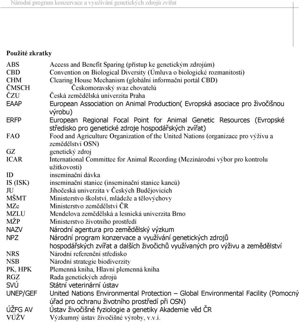 Regional Focal Point for Animal Genetic Resources (Evropské středisko pro genetické zdroje hospodářských zvířat) FAO Food and Agriculture Organization of the United Nations (organizace pro výživu a