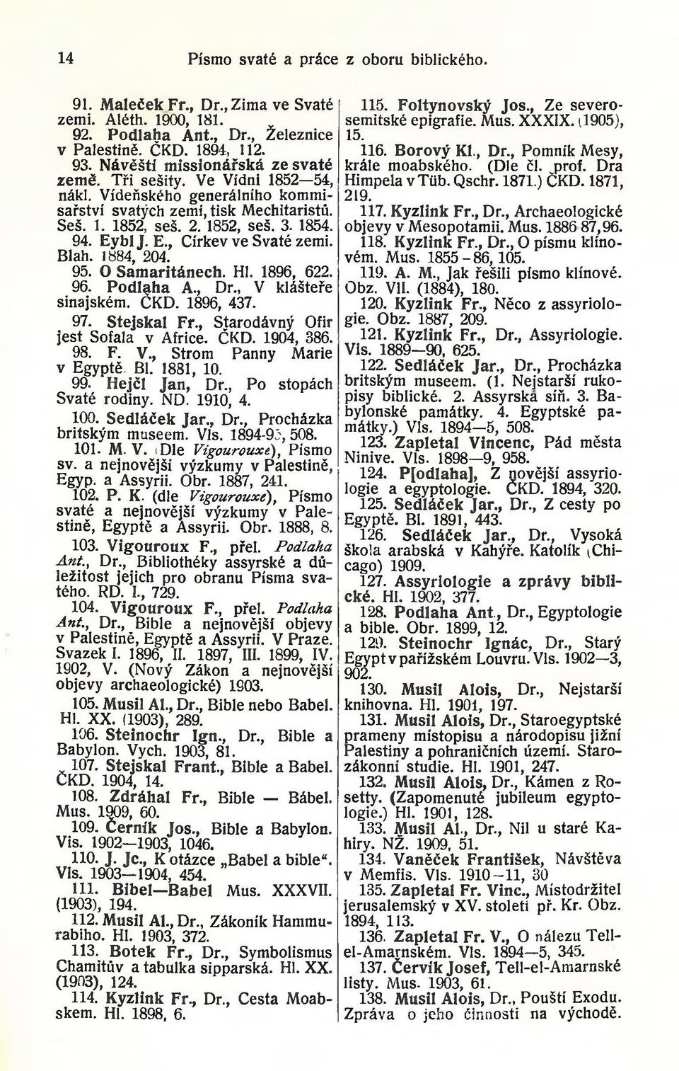 blJ. E., Církev ve Svaté zemi. Blah. 1884, 204. 95. O Sam aritánech. Hl. 1896, 622. 96. Podlaha A., Dr., V klášteře sinajském. ČKD. 1896, 437. 97. Stejskal Fr., Starodávný Ofir jest Sofala v Africe.