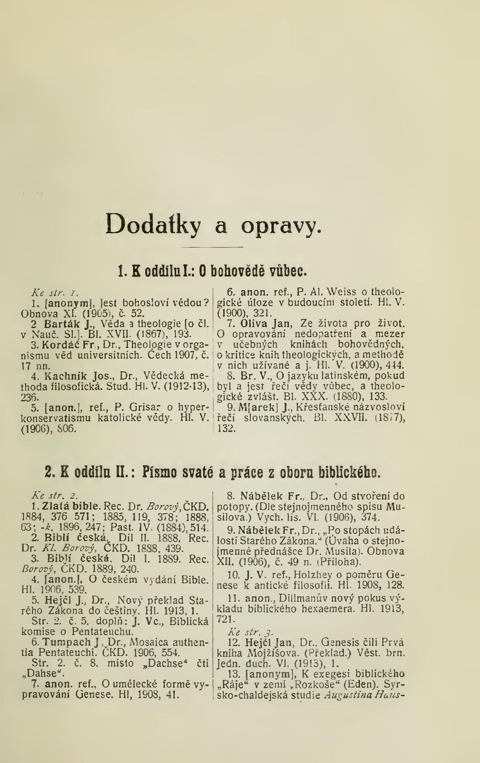 Grisar o hyperkonservatismu katolické vdy. Hl. V. (1906), S06. 1. K oddílní.: O bohovdé vbec. 6. anon, ref., P. AI. Weiss o theologické úloze v budoucím století. Hl. V, (1900). 321. 7.