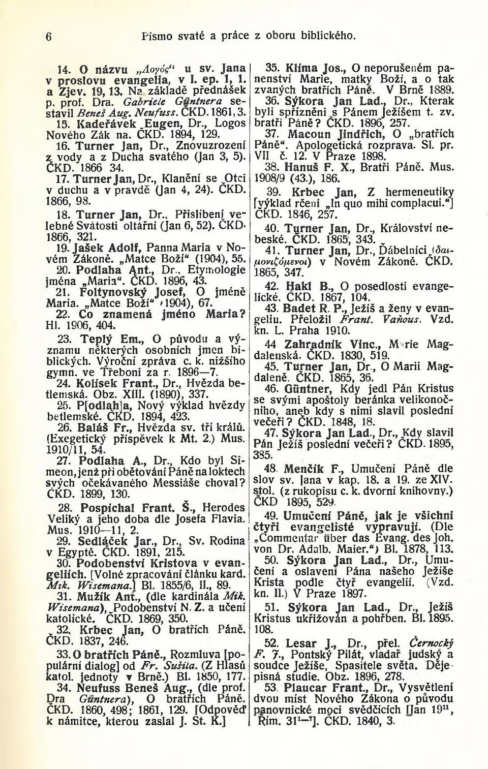 , Klanění se.otci v duchu a v pravdě (Jan 4, 24). ČKD. 1866, 98. 18. T urner Jan, Dr., Přislíbení velebné Svátosti oltářní (Jan 6, 52). ČKD- 1866, 321. 19. Jašek Adolf, Panna Maria v Novém Zákoně.