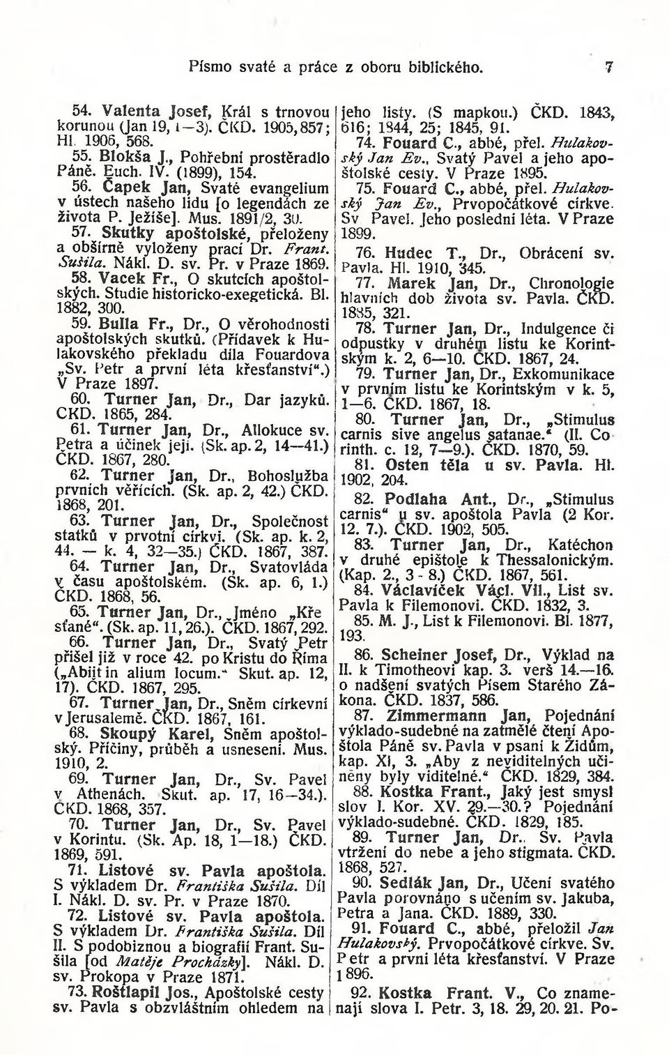 Fouard C., abbé, přel. Hulakovský Jan Ev., Prvopočátkové církve. v ústech našeho lidu [o legendách ze života P. Ježíše]. Mus. 1891/2, 30. Sv Pavel. Jeho poslední léta. V Praze 57.