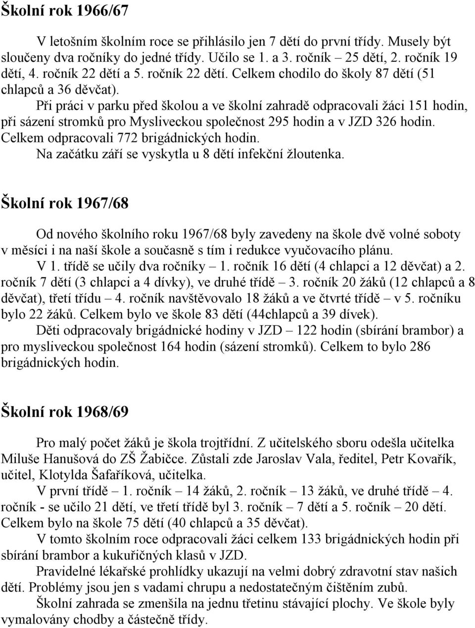 Při práci v parku před školou a ve školní zahradě odpracovali žáci 151 hodin, při sázení stromků pro Mysliveckou společnost 295 hodin a v JZD 326 hodin. Celkem odpracovali 772 brigádnických hodin.