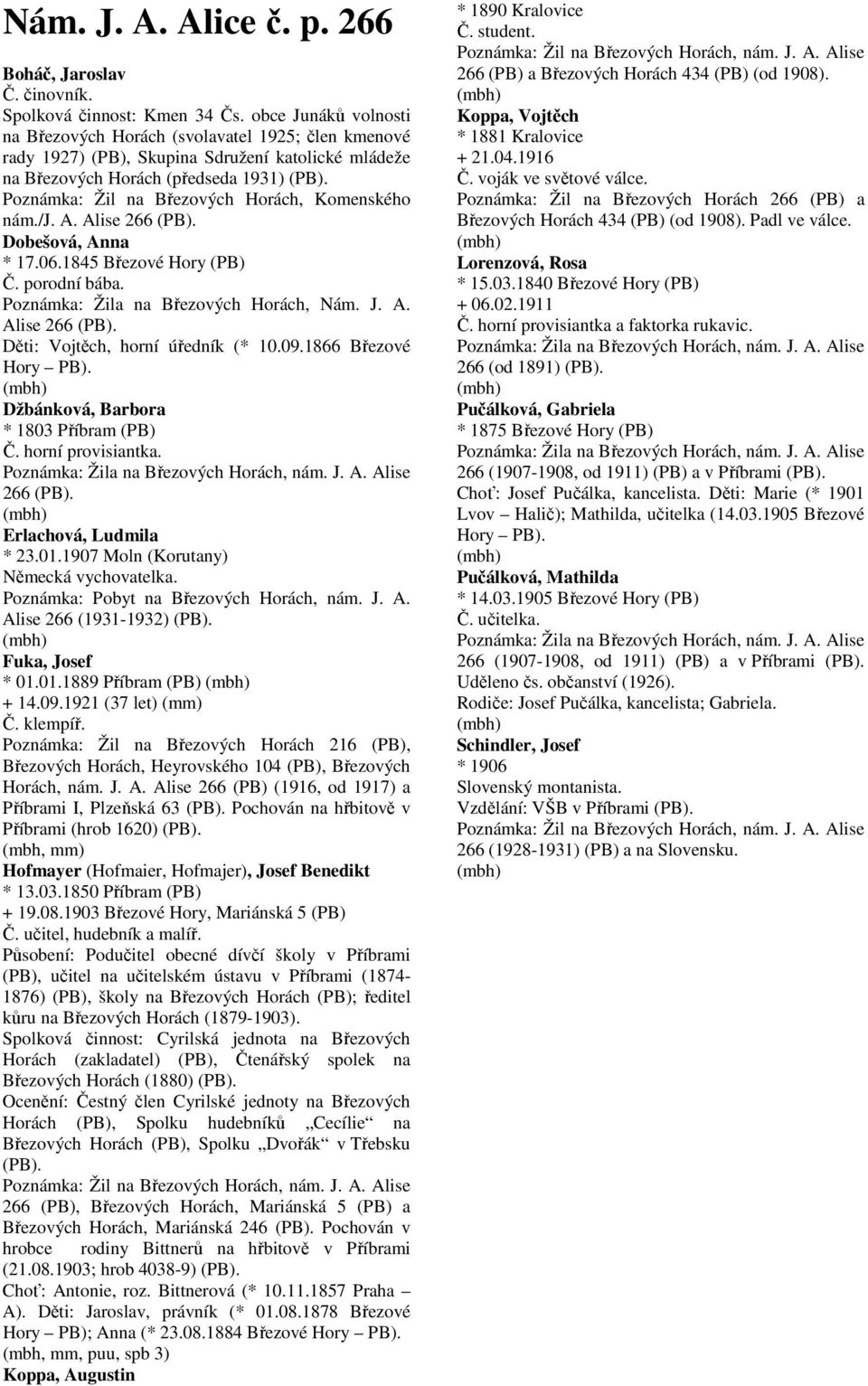 Komenského nám./j. A. Alise 266 Dobešová, Anna * 17.06.1845 Březové Hory (PB) Č. porodní bába. Poznámka: Žila na Březových Horách, Nám. J. A. Alise 266 Děti: Vojtěch, horní úředník (* 10.09.