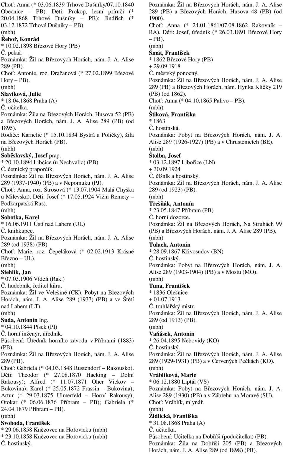 1868 Praha (A) Poznámka: Žila na Březových Horách, Husova 52 (PB) a Březových Horách, nám. J. A. Alise 289 (PB) (od 1895). Rodiče: Karnelie (* 15.10.