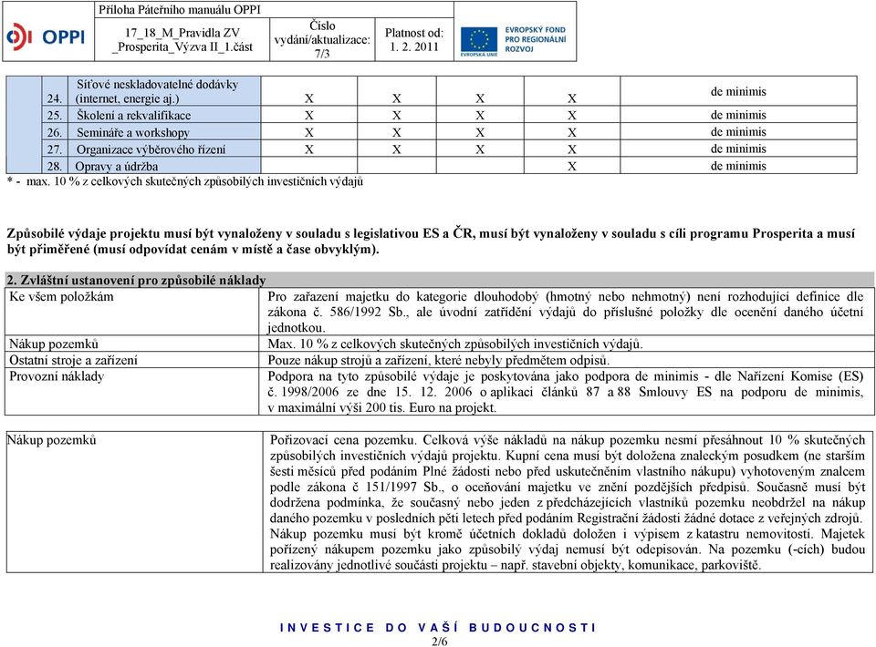 10 % z celkových skutečných způsobilých investičních výdajů Způsobilé výdaje projektu musí být vynaloženy v souladu s legislativou ES a ČR, musí být vynaloženy v souladu s cíli programu Prosperita a