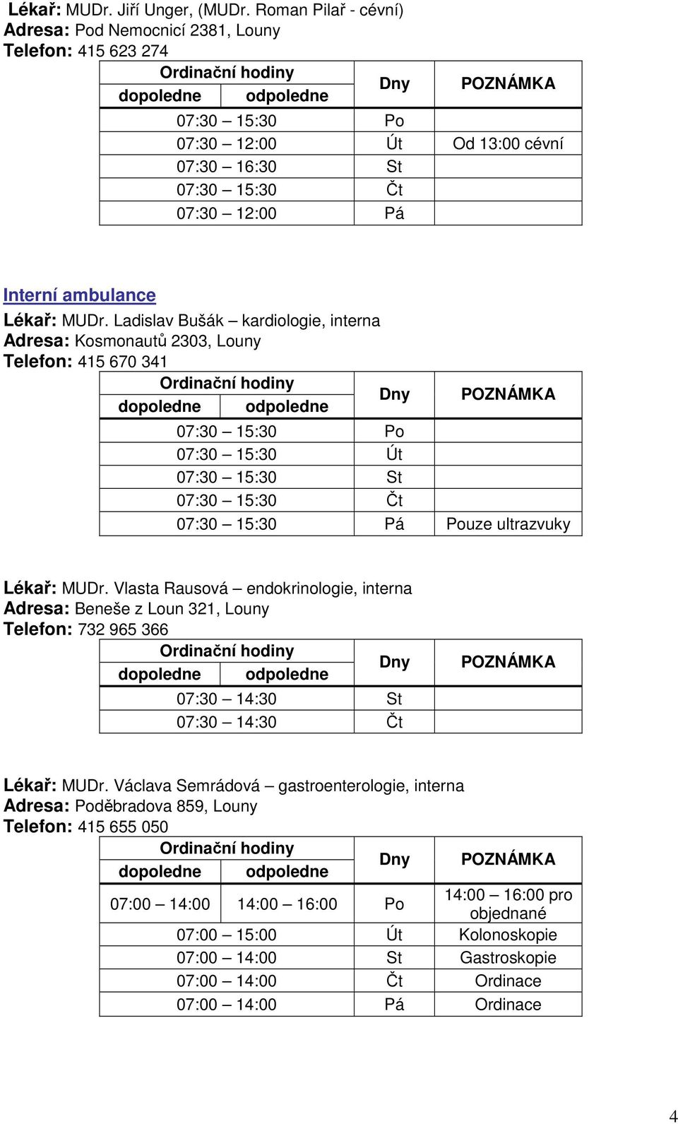 Ladislav Bušák kardiologie, interna Adresa: Kosmonautů 2303, Louny Telefon: 415 670 341 07:30 15:30 Po 07:30 15:30 Út 07:30 15:30 St 07:30 15:30 Čt 07:30 15:30 Pá Pouze ultrazvuky Lékař: MUDr.