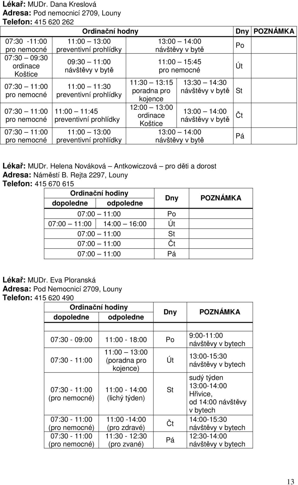 pro nemocné 11:00 13:00 preventivní prohlídky 09:30 11:00 návštěvy v bytě 11:00 11:30 preventivní prohlídky 11:00 11:45 preventivní prohlídky 11:00 13:00 preventivní prohlídky 11:30 13:15 poradna pro