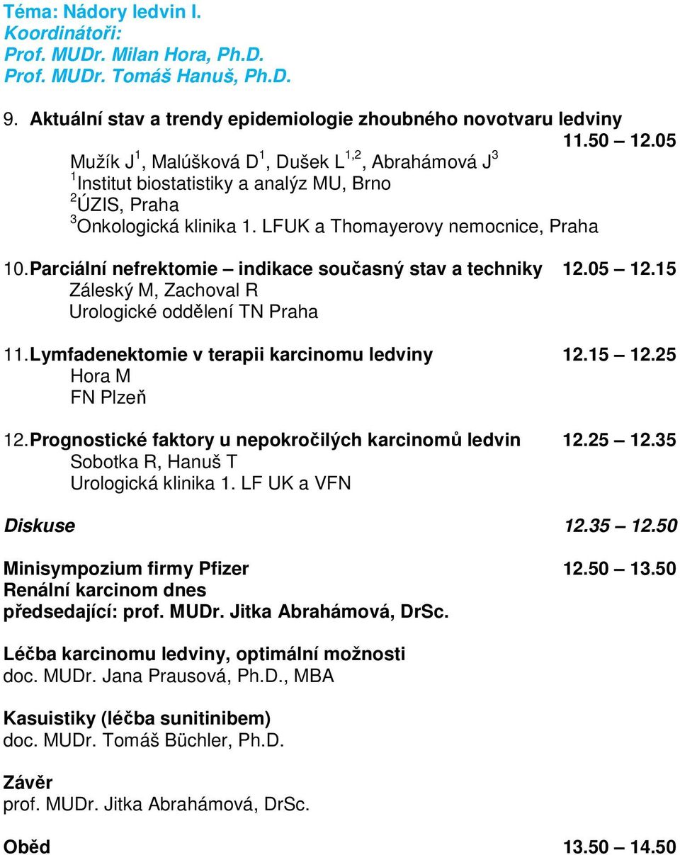 Parciální nefrektomie indikace současný stav a techniky 12.05 12.15 Záleský M, Zachoval R Urologické oddělení TN Praha 11. Lymfadenektomie v terapii karcinomu ledviny 12.15 12.25 Hora M FN Plzeň 12.