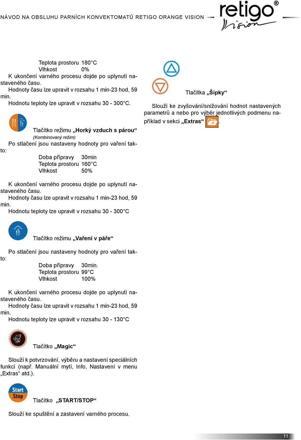 Tlačítko režimu Horký vzduch s párou (Kombinovaný režim) Po stlačení jsou nastaveny hodnoty pro vaření takto: Doba přípravy 30min Teplota prostoru 160 C Vlhkost 50% Tlačítka Šipky Slouží ke