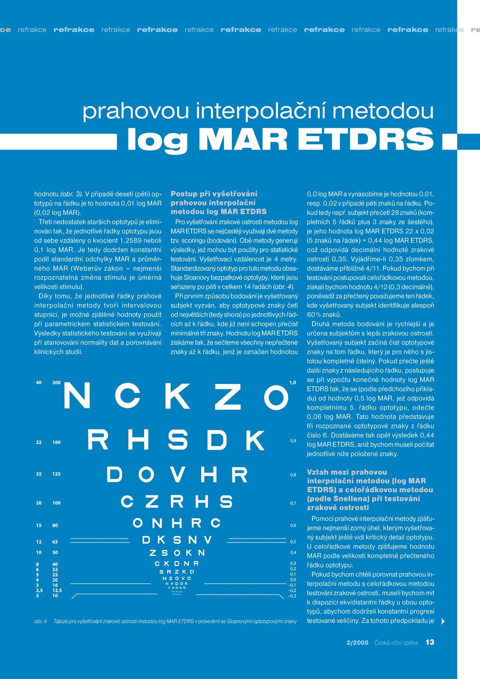 Třetí nedostatek starších optotypů je eliminován tak, že jednotlivé řádky optotypu jsou od sebe vzdáleny o kvocient 1,2589 neboli 0,1 log MAR.